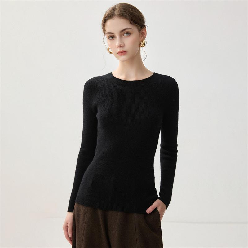 100% Pure Cashmere Slim Fit Women's Round Neck Knit Sweater for Autumn and Winter