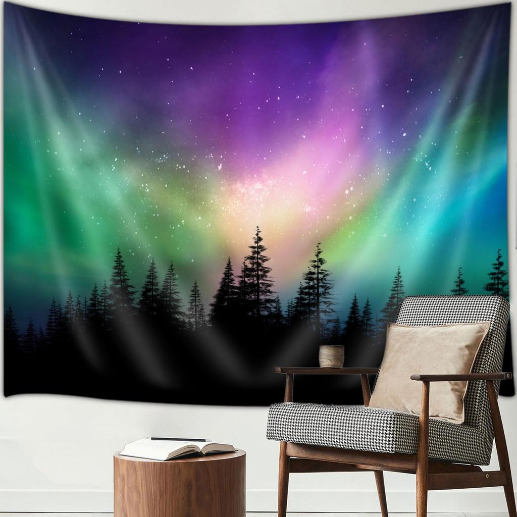 Aurora Borealis Tapestry, Purple Green Northern Lights Aurora Borealis Misty Forest Tapestry Northern Lights Tapestry, Northern