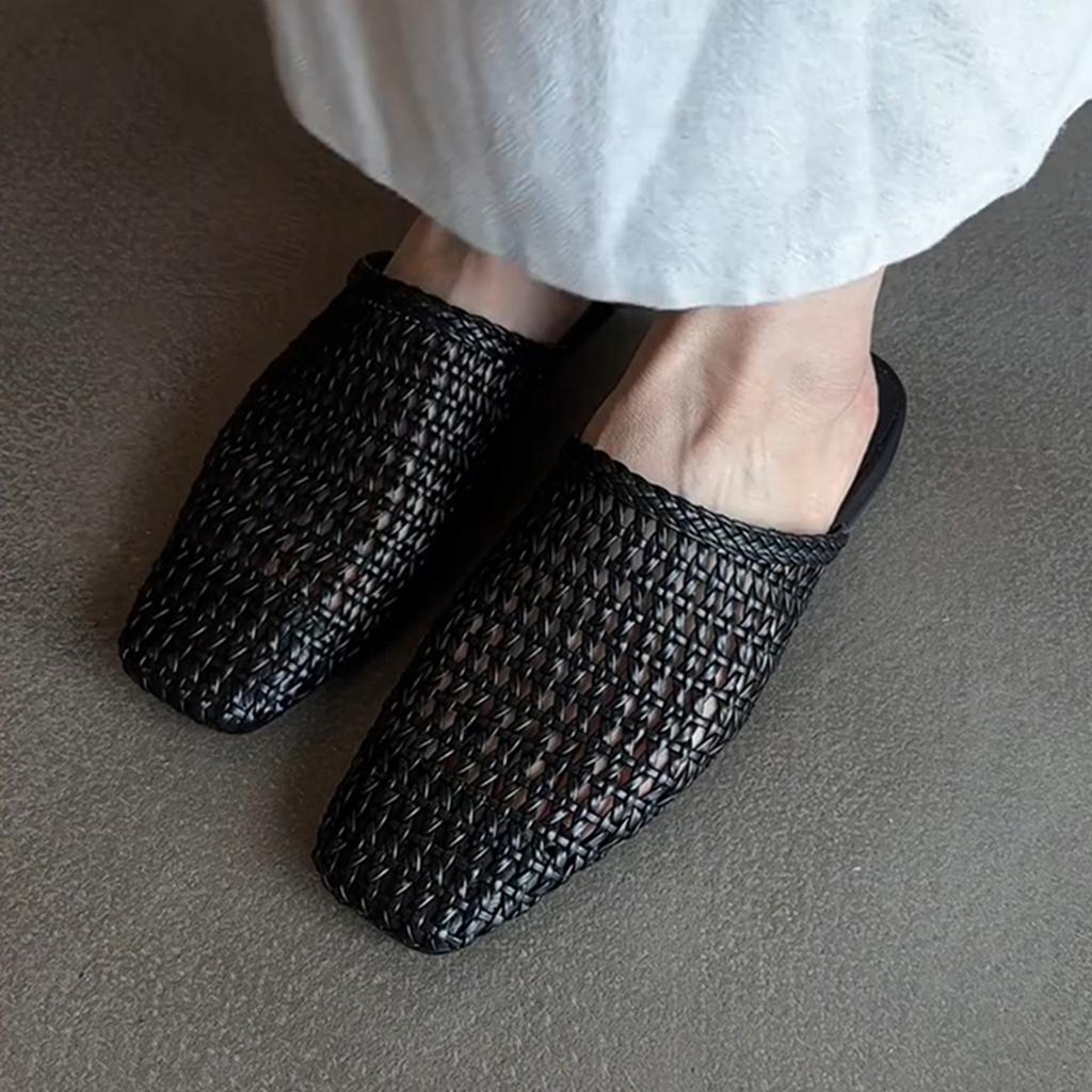 Hand-woven mesh yarn bag head sandals women's French versatile hollowed-out outer wear square head flat bottom half slippers