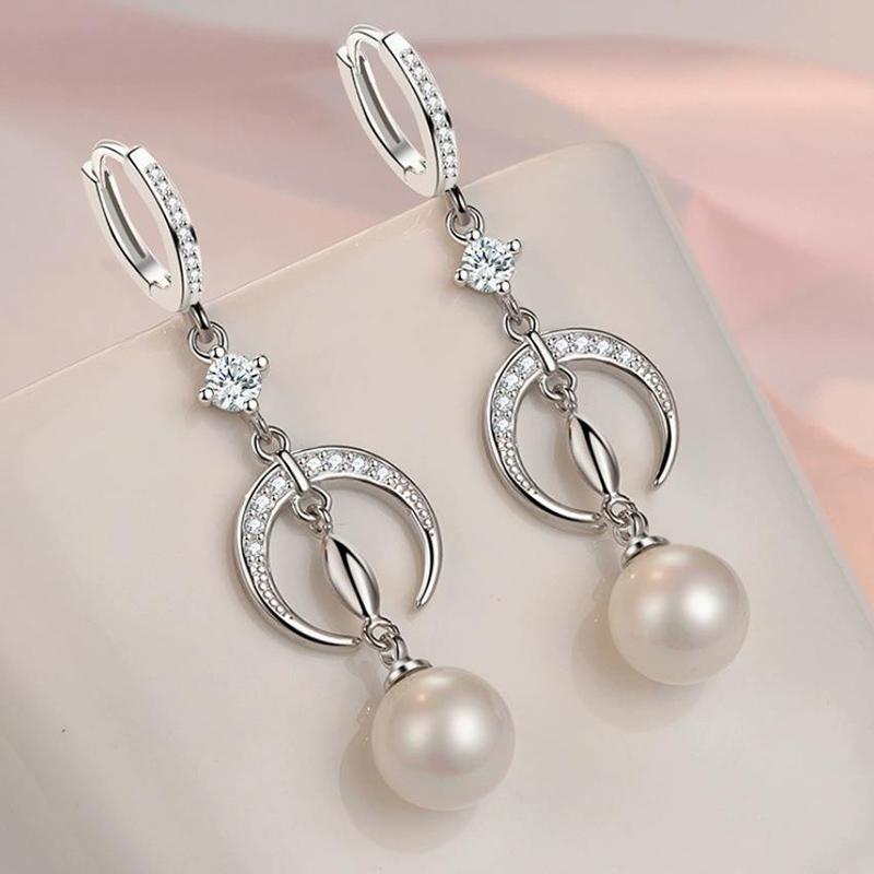European and American Zircon Earrings Luxurious Shiny 925 Silver Crescent Moon Ear Buckle Women's Elegant Pearl Earring KOFSAC
