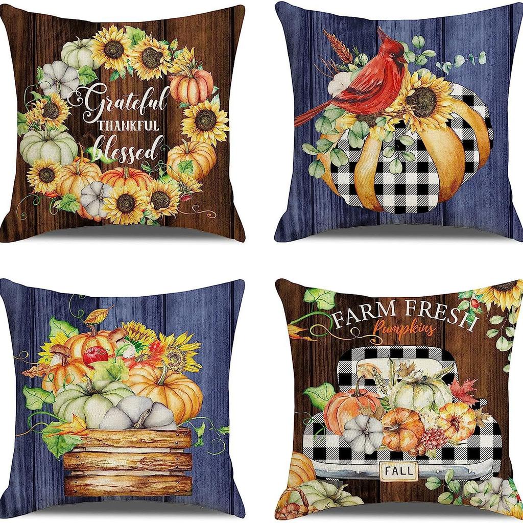Autumn Pumpkin Maple Leaf Letter Printed Linen Pillow Case Thanksgiving Ambience Decorative Living Room Sofa Backrest Cushion