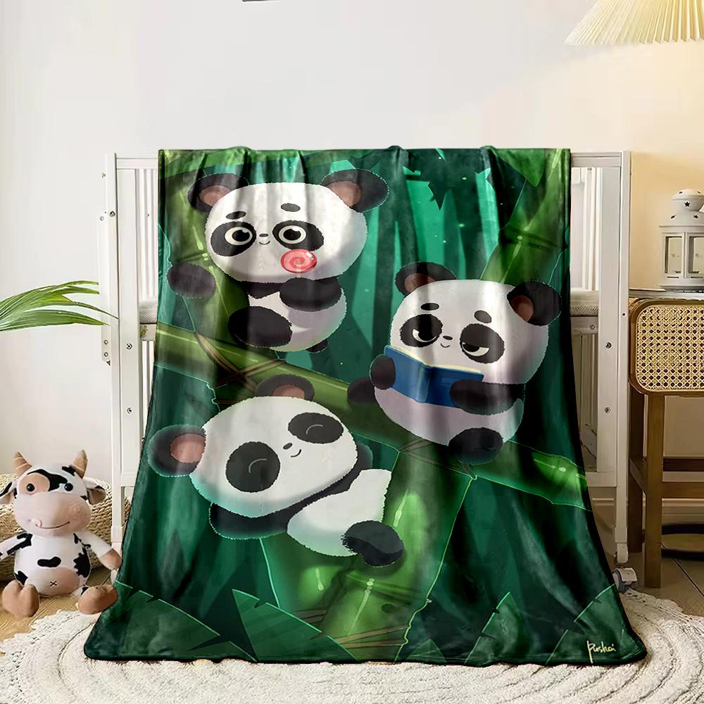 Three cute pandas on bamboo with playful poses Flannel blanket for bedroom, living room, sofa, and nap sofas