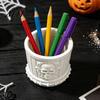 Decorative Skull Statue Gothic Pen Holder, 3D Printed PLA Stationery Organizer, Dark Retro Desktop Decor Halloween Theme Container for Makeup Brushes