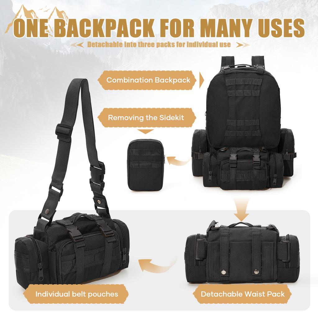50L Tactical Backpack for Men Mountaineering 3P Assault Pack EDC Molle Survival Bag for Hiking and Hunting