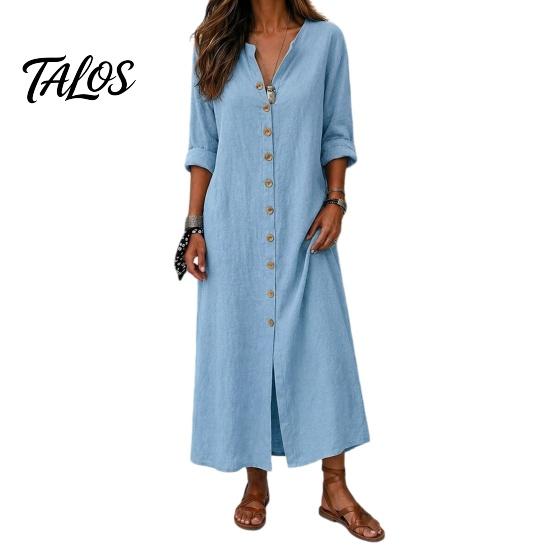 Soft Fabric Dress Women's Summer Button Down Long Dress, Casual Loose V Versatile Women Neck Tunic Roll Up Sleeve Vacation Lounge Outfits Lightweight