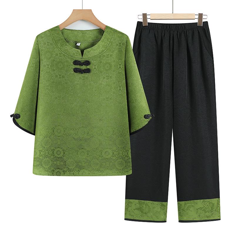 

Stylish Summer Two-Piece Set for Elderly Women – Grandma s Mid-Sleeve Top & Fashionable Pants 5XL (145-160 lbs) зелёный