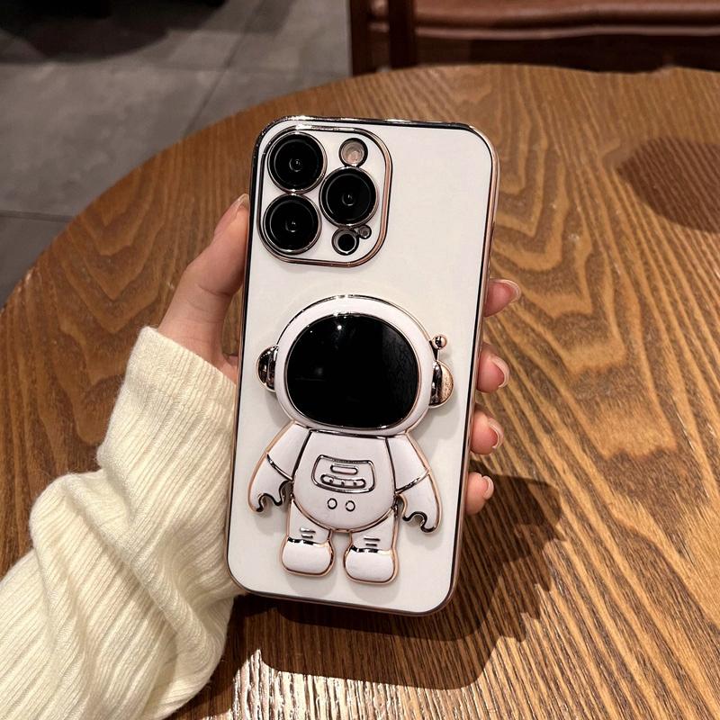 

Розкішний складний чохол-підставка Astronaut з гальванічним покриттям для iPhone 15 14 13 Pro Max XS Max XR 7 8 Plus SE 2022, повна лінза, м’яка задня кришка з ТПУ та підставкою iPhone 13 Pro Max білий