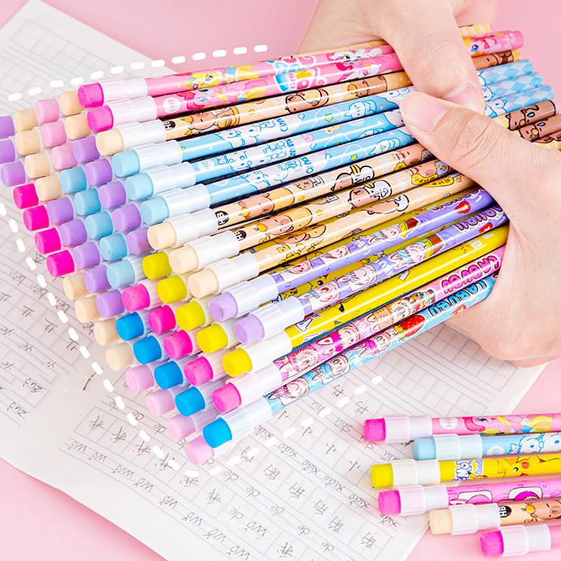 10Pcs Wooden Pencils With Eraser Cartoon Pencils With Colorful Eraser Office Supplies Student Stationery Birthday Gifts