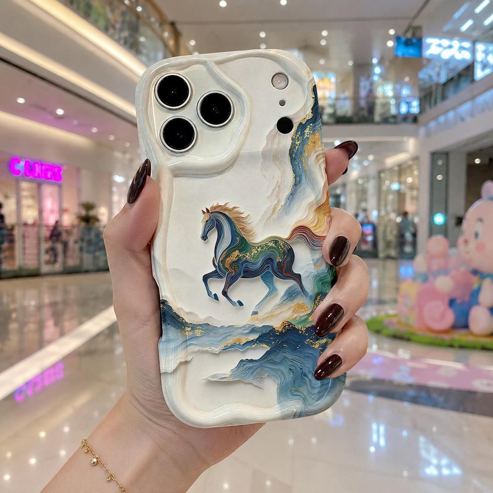 Chinese Style Golden Landscape Running Horse Wavy Edge Phone Case For iPhone 16 15 14 Pro Max 13 12 11 Mini XR XS SE 2020 17