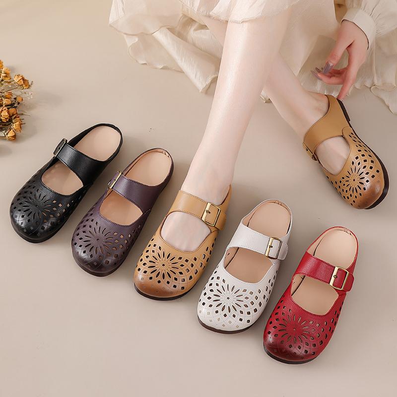Fashion New Arrival Genuine Leather Sandal Womens Clogs Slip on Mules Closed Toe Sandals Woman Elegant Summer Flats Comfortable Shoe Mom