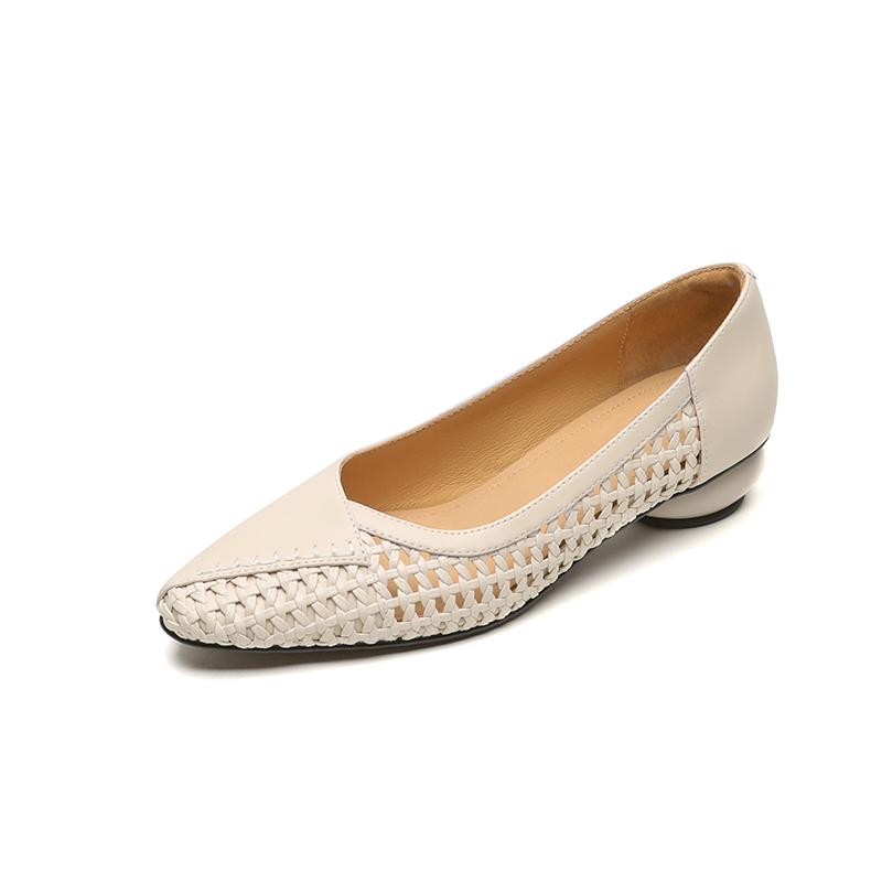 Mode NY Vår/Höst Dam Pumps Rund Tå Klumpig Klack Skor Spaltläderskor för Kvinnor Koncisa Väv Slip-on Handgjorda Skor