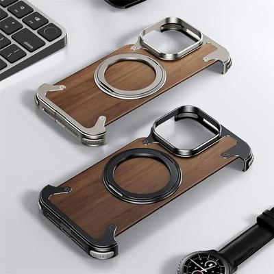 Luxury For iPhone 16 15 14 Pro Max Case 360°Rotating Ring Stand Magnetic Magsafe Holder Walnut Wood Metal Framework Protective Cover