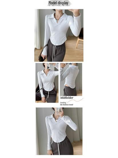 Women's Black Pure Cotton Polo Collar Long-Sleeve Slim-Fit T-Shirt, Curved Hem, Versatile Spring/Autumn Style.