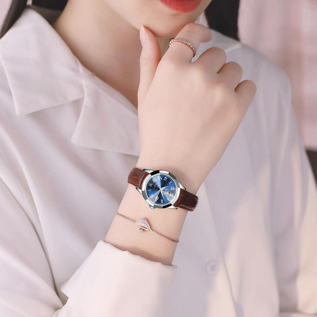 OLEVS Waterproof Watch with Leather Roman Alphabet Date Stylish Quartz Luminous Analog Small Popular Gift for Business Blue Lightweight Leather Watch
