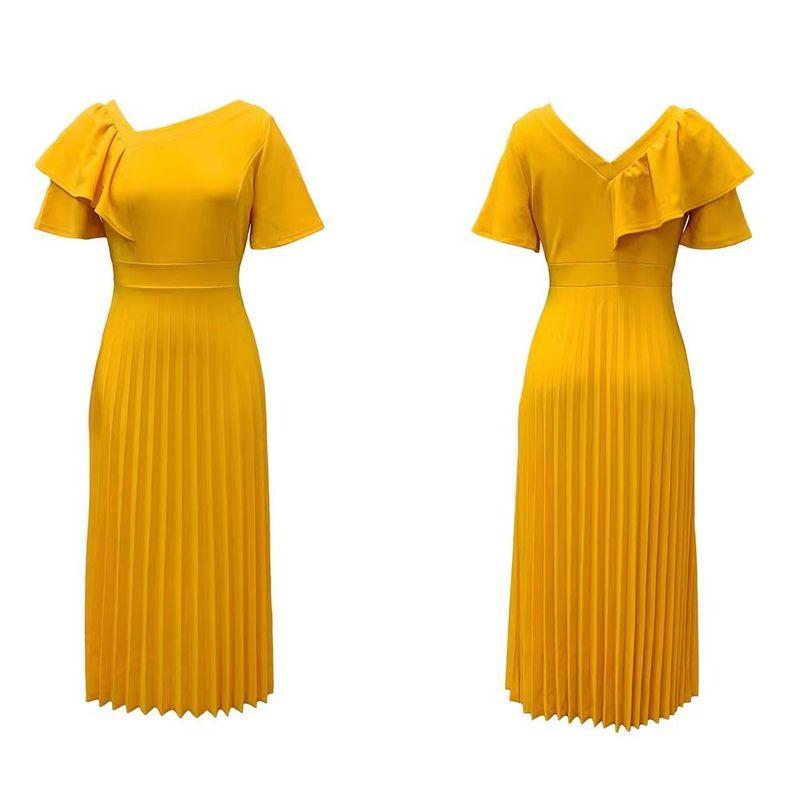 

Fashion Temperament Waist-Controlled Ruffled Short Sleeves Pleated Dress Ruffled Short Sleeve Dress Yellow L