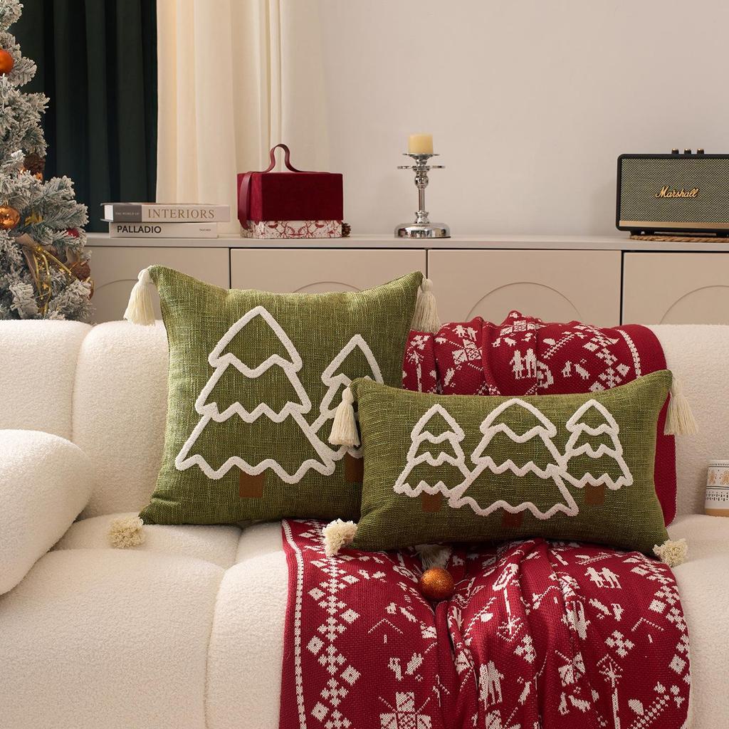 Cross-Border Christmas Tree Embroidered Canvas Pillowcases with Tassels for Sofa Decoration