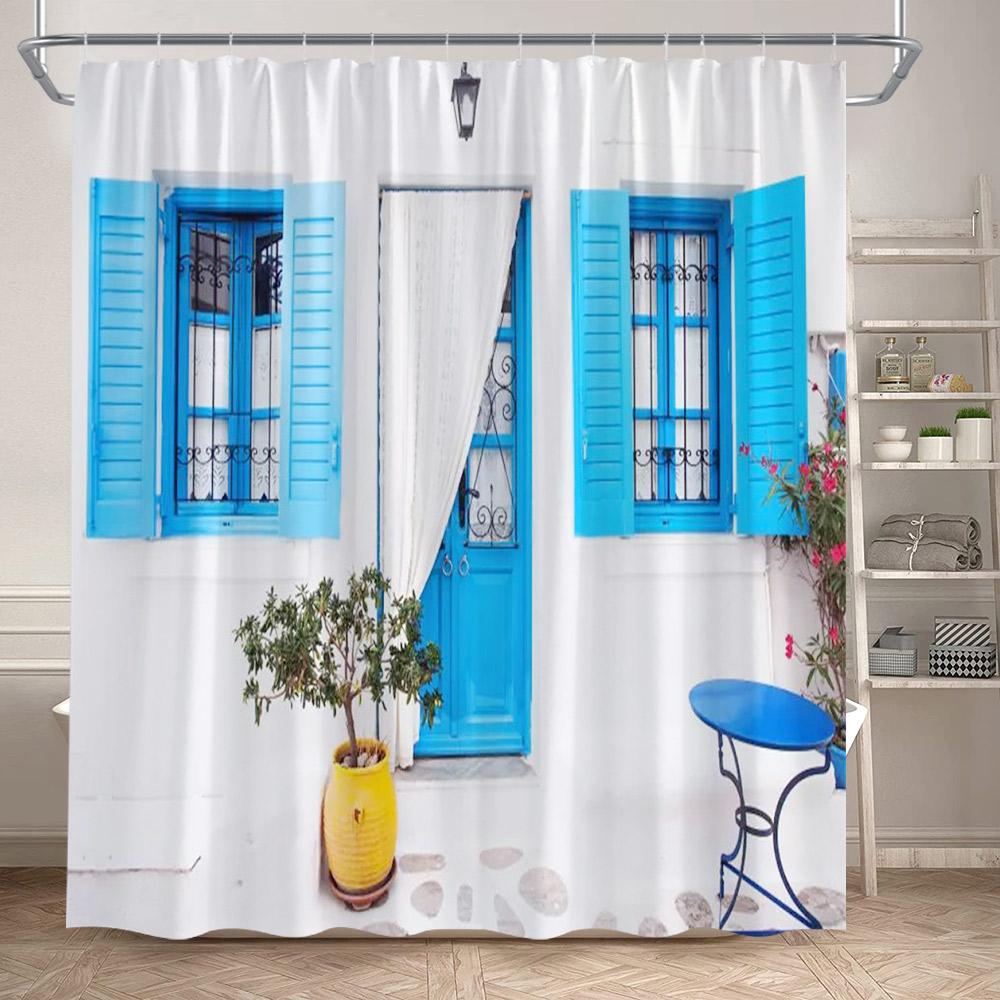 Seaside Townscape Shower Curtain Mediterranean Blue White Architectural Natural Flowers Ocean Polyester Bathroom Curtains Decor