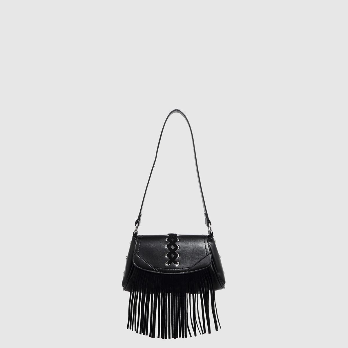 

New 2025 Rivet Cutout Saddle Bag: Single Shoulder Handbag with Magnetic Buckle and Tassel, Zipper-Pleated Design чёрный