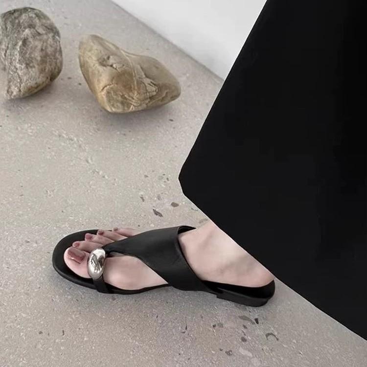 

Овчина~ Ретро металлическая накладка на носок, плоские шлепанцы, женская летняя обувь, шлепанцы для пляжа, сандалии 40