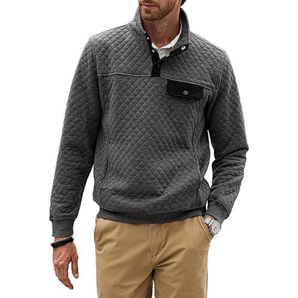 Men's Winter Solid Color Diamond Check Sweatshirt Men's Casual Pocket Button Sweatshirt