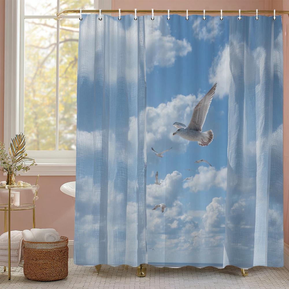 Sunny Blue Sky Scenery Shower Curtain, Bathroom Decorative Shower Curtain, Waterproof Shower Curtain With Hooks