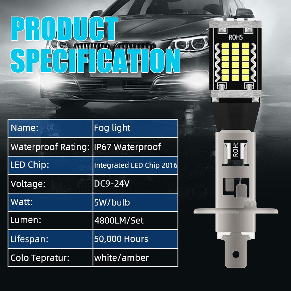 2PCS Car Fog Light 9-24V H1 LED Fog Running Light Bulb H3 LED Super Bright LED Auto Lamp Amber White No Adapter Required DRL