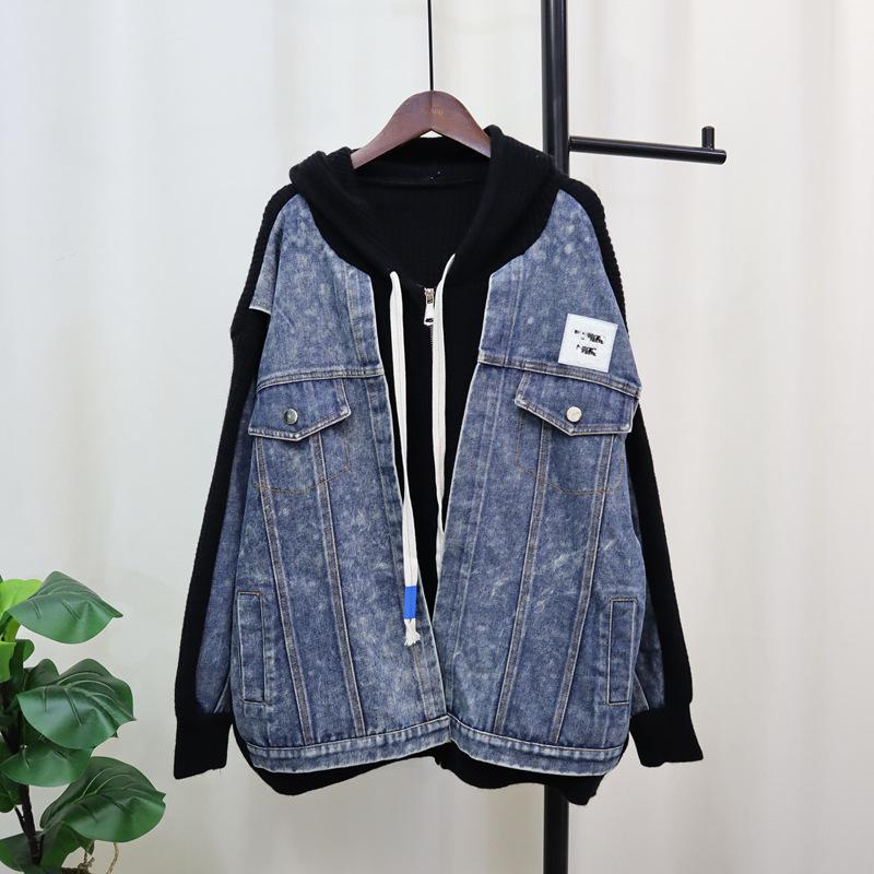 

Джинсовая толстовка с капюшоном, осенне-зимняя новинка, вязаный кардиган на молнии, свободного ленивого кроя для женщин one size fits all чёрный