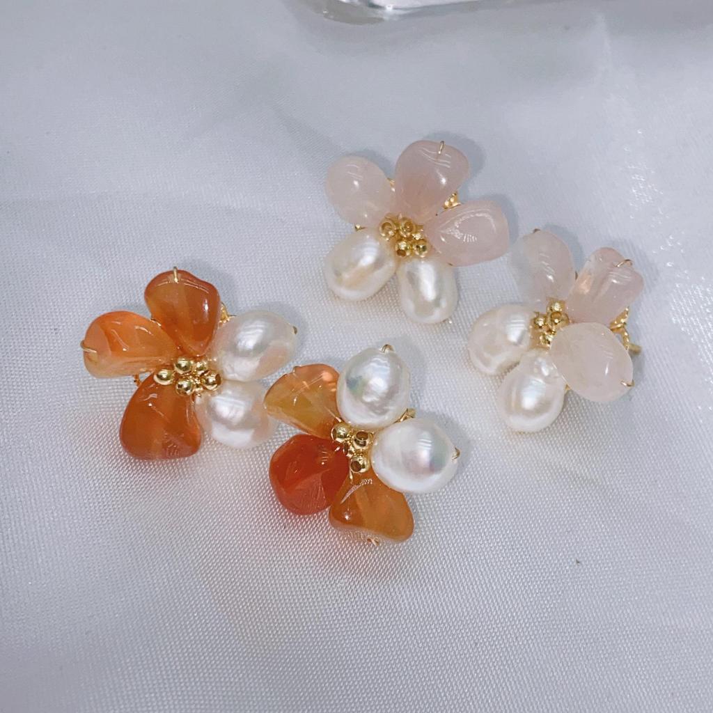 Baroque Pearl Five-Petal Flower Earrings - S925 Silver, Original Retro Design, Versatile Celebrity Style