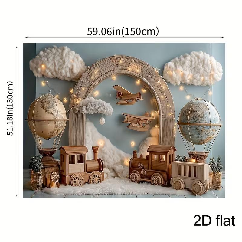2D Flat Neutral Adventure Theme Backdrop Train Plane Travel Kids Photo Background