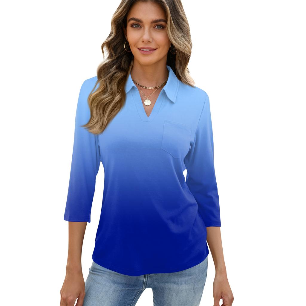 Damen Mode Lässig Revers Kurz 3/4 Ärmel Print Hemd Damen Oberteile