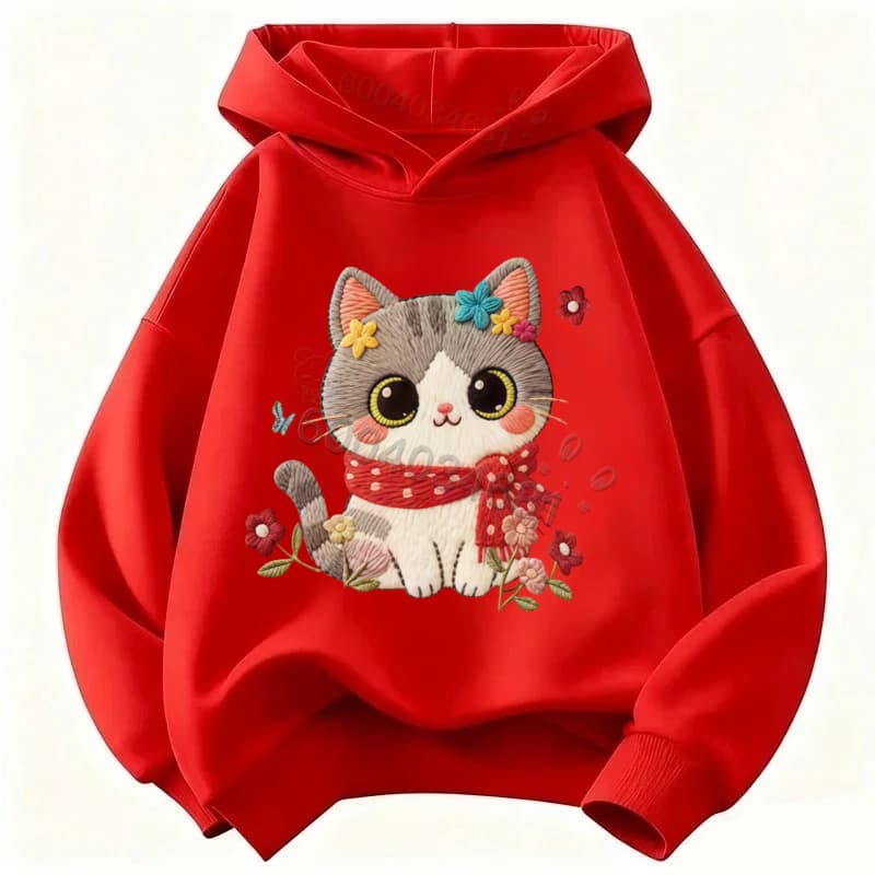 Latest Cartoon Cat Children's Casual Long-Sleeved Hooded Shirt - Warm and Comfortable Coat for Autumn and Winter