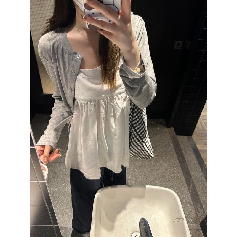 

Kumikumi Sweet Thin Suit Long Sleeve Cardigan Jacket Women s Autumn Inner Wear White Suspender Vest Two-Piece Set Grey Cardigan L