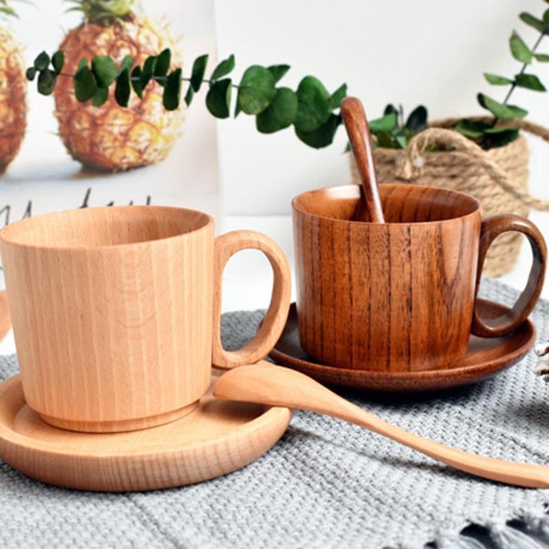 Wood Coffee Cups Elegant Handmade Wooden Mugs Eco-Friendly Wood Drinking Cup with Handle for Coffee Tea Water Juice Milk