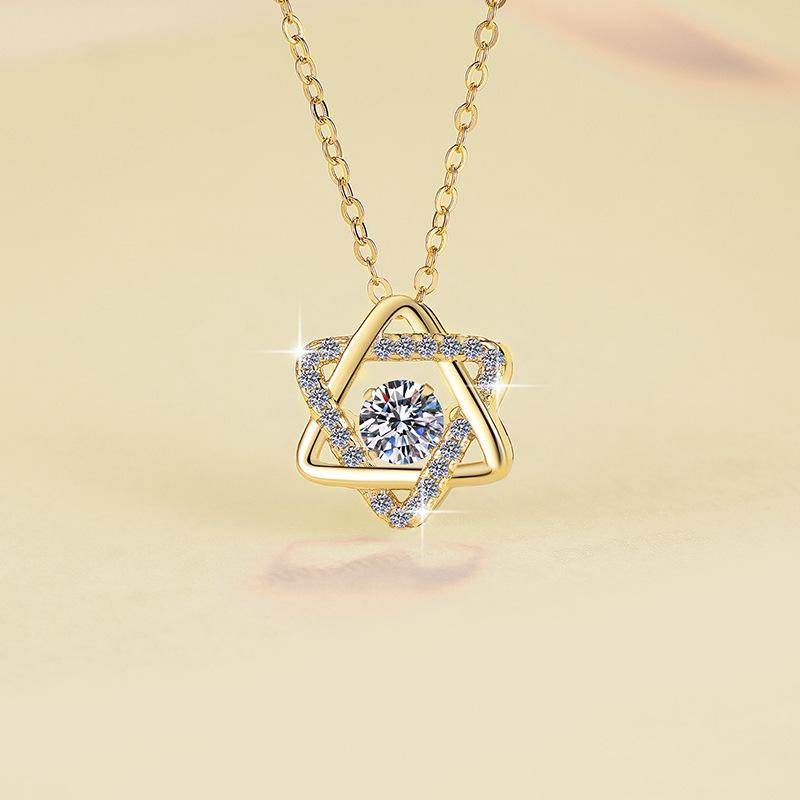 Luxury Solid Real Gold Women's Hexagram Pendant Beating Heart Fashion Moissanite Diamond Pendant Clavicle Chain