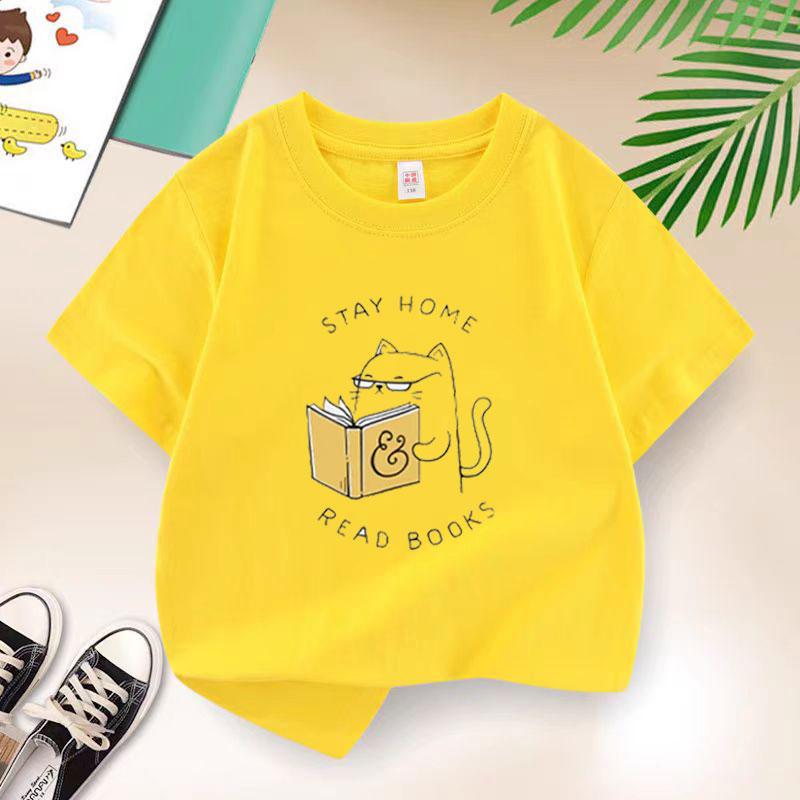 Cat Reading T-shirt for Girls Cotton Kids T Shirt Cartoons Children Casual Clothes Teen Baby Girl Summer Y2K Tops 6 8 10 12 Year