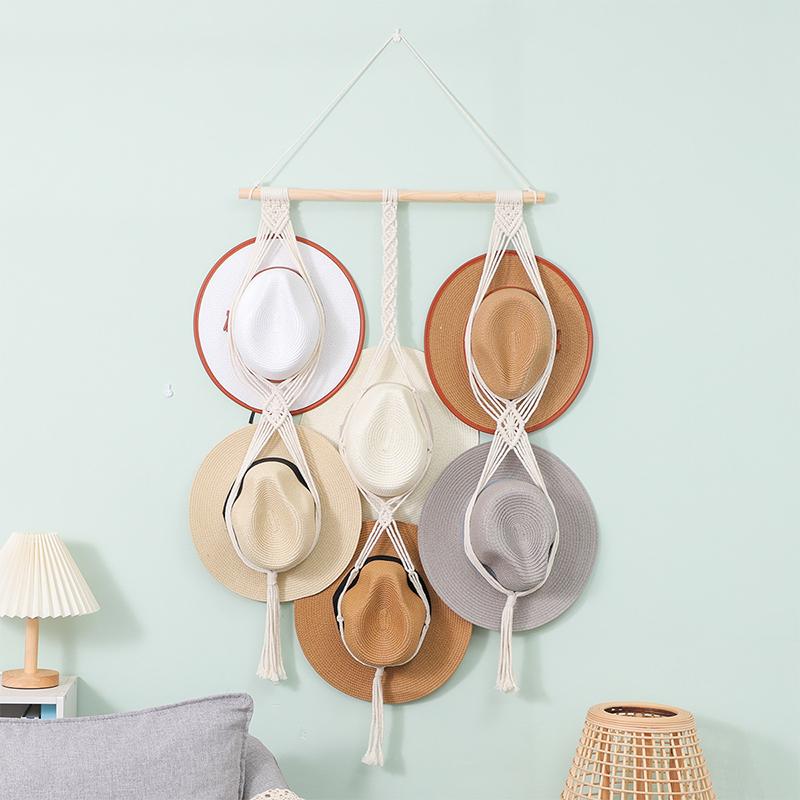 Nordic Boho Cotton Rope Hanging Hat Organizer Display Rack Cap Holder Scarf Hanger Macrame Home Wall Decor