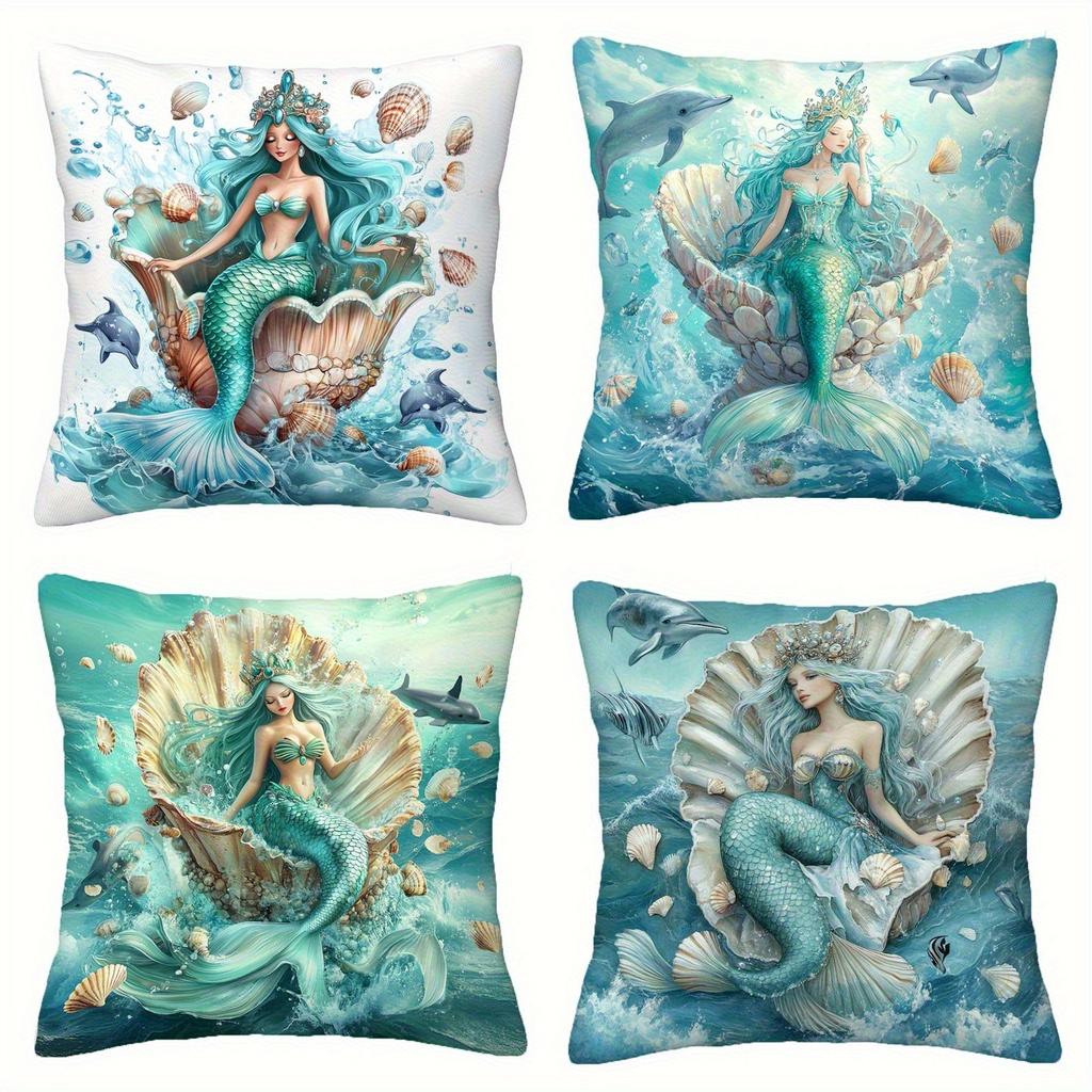 Enchanting Mermaid Underwater Pillowcase - Seashell & Dolphin Print Pillow Cover for Sofa Bedroom Living Room