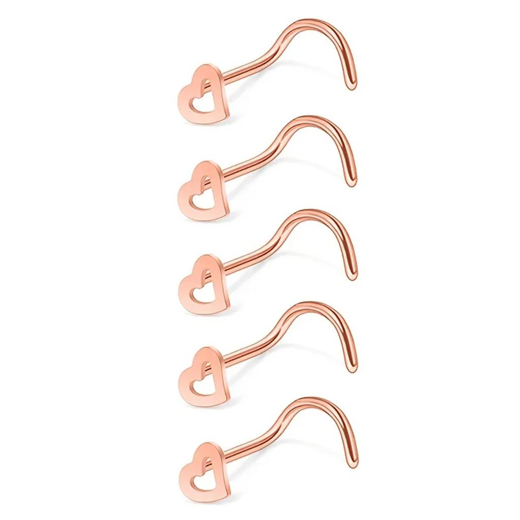 5 Pcs Fashion Hollow Heart Stainless Steel Nose Studs For Women Nostril Piercing Screw Type Body Jewelry