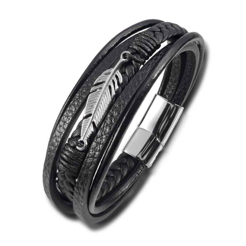 

Multi-layer Leather Combination Maple Leaf Accessories Simple Style Men s Stainless Steel Leather Bracelet Classic Gift Big Sale 18.5cm