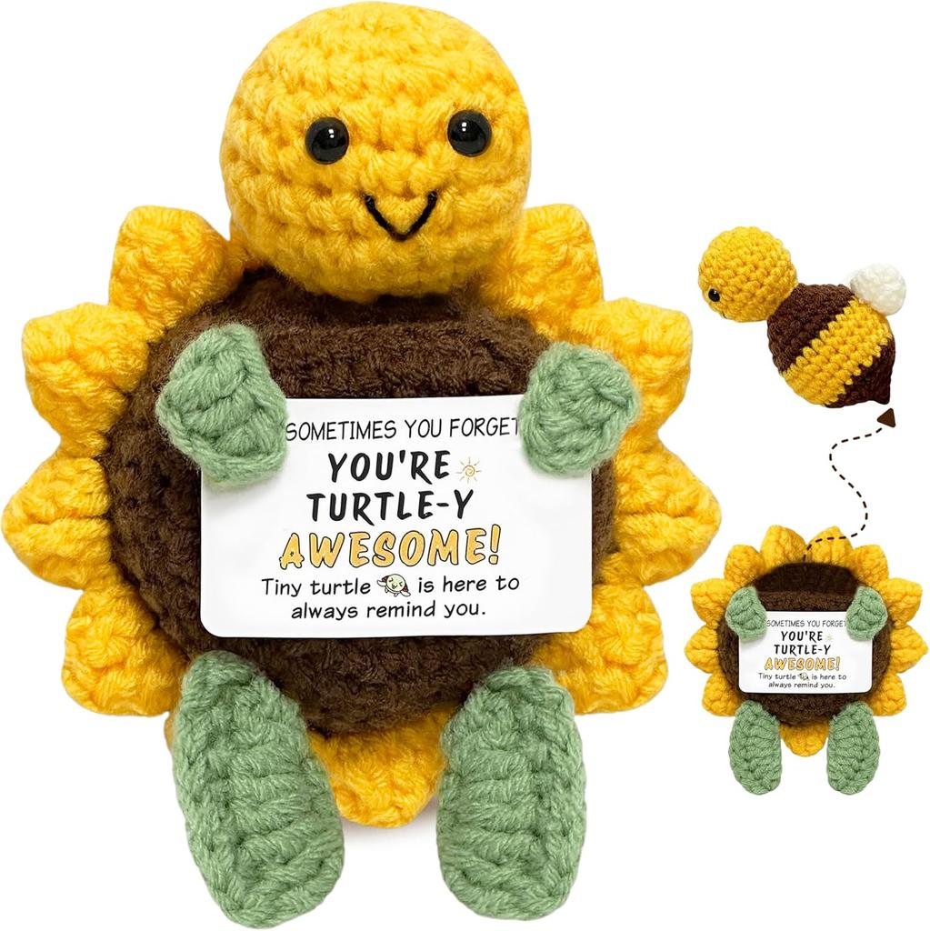 Positive Crochet Turtle Doll with Card Home Room Decor Handmade Knitting Emotional Support Turtle Animal Ornament Christmas Gift