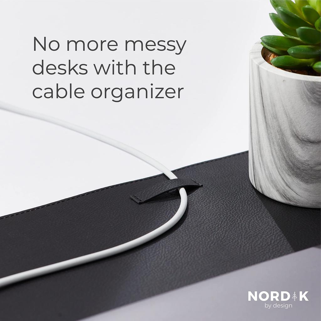 Nordik Faux Leather Desk Mat with Cable Organizer (Black, 90 x 43 cm) Premium Extended Mouse Mat for Home and Office Accessories - Felt Vegan Large