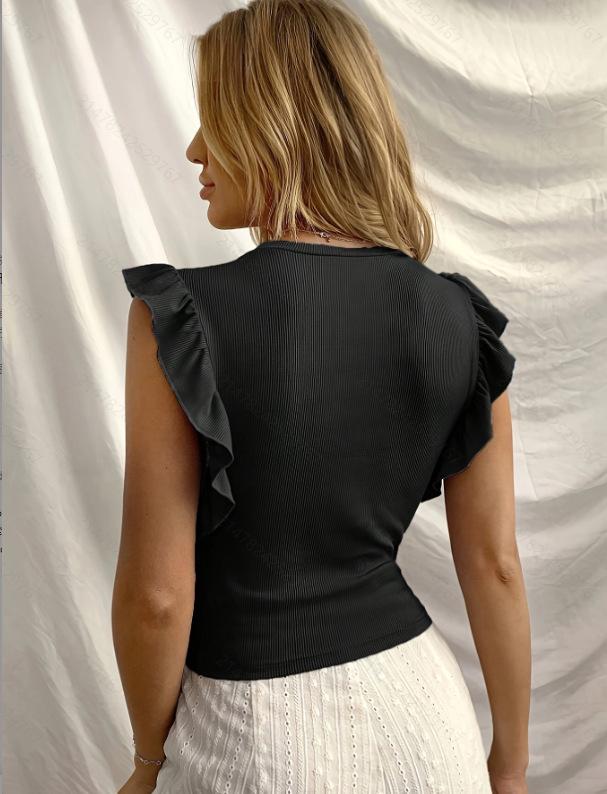 Spring/Summer European & American Women's Ribbed Knit Ruffle Sleeve Round Neck Slim Fit T-shirt