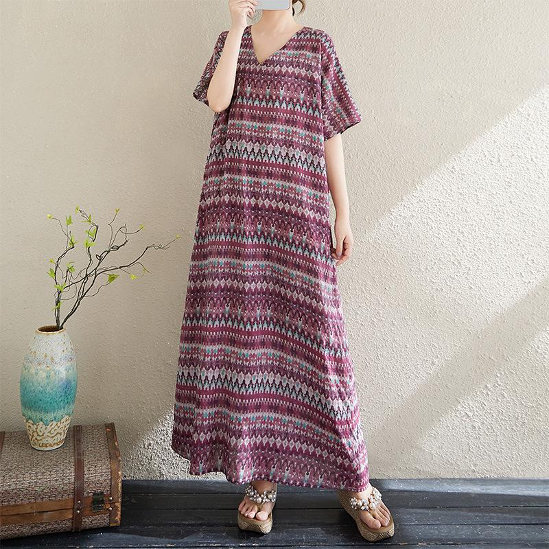 

Реальное фото Летнее платье с V-образным вырезом из тонкого хлопка и льна, свободного кроя, в литературном и простом праздничном стиле, в тонкую полоску, женское Large size average size