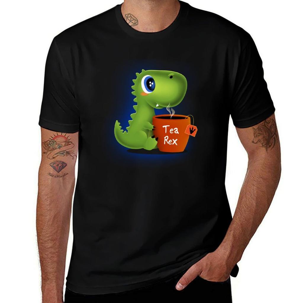TEA REX - Cute and Adorable Baby T-rex Drinking Tea T-Shirt Plus Size Clothes Graphic Shirts Baggy Shirts Compression Shirt Men