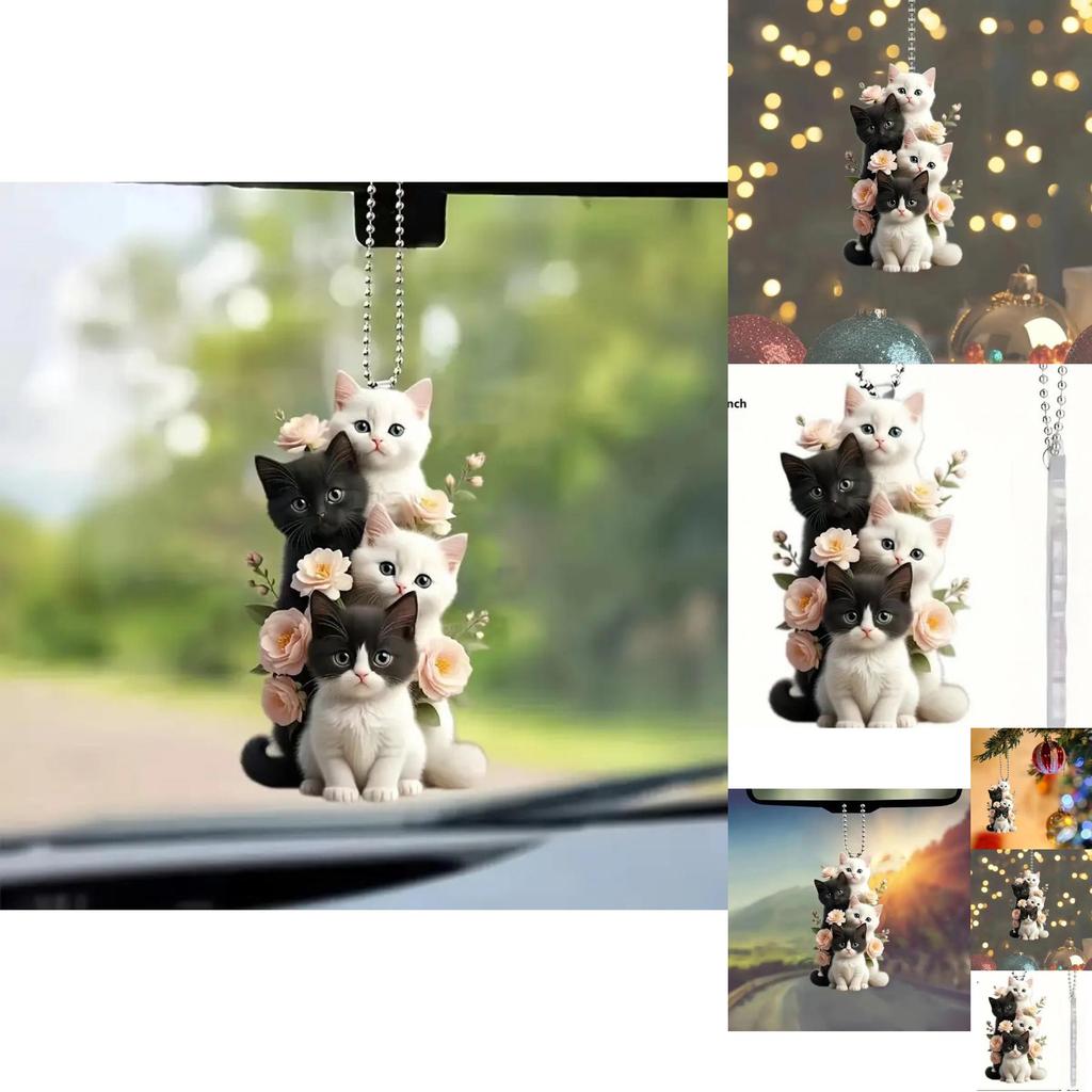 Charming 2d Acrylic Cream Cat Hanging Ornament For Car Rearview Mirror Decor