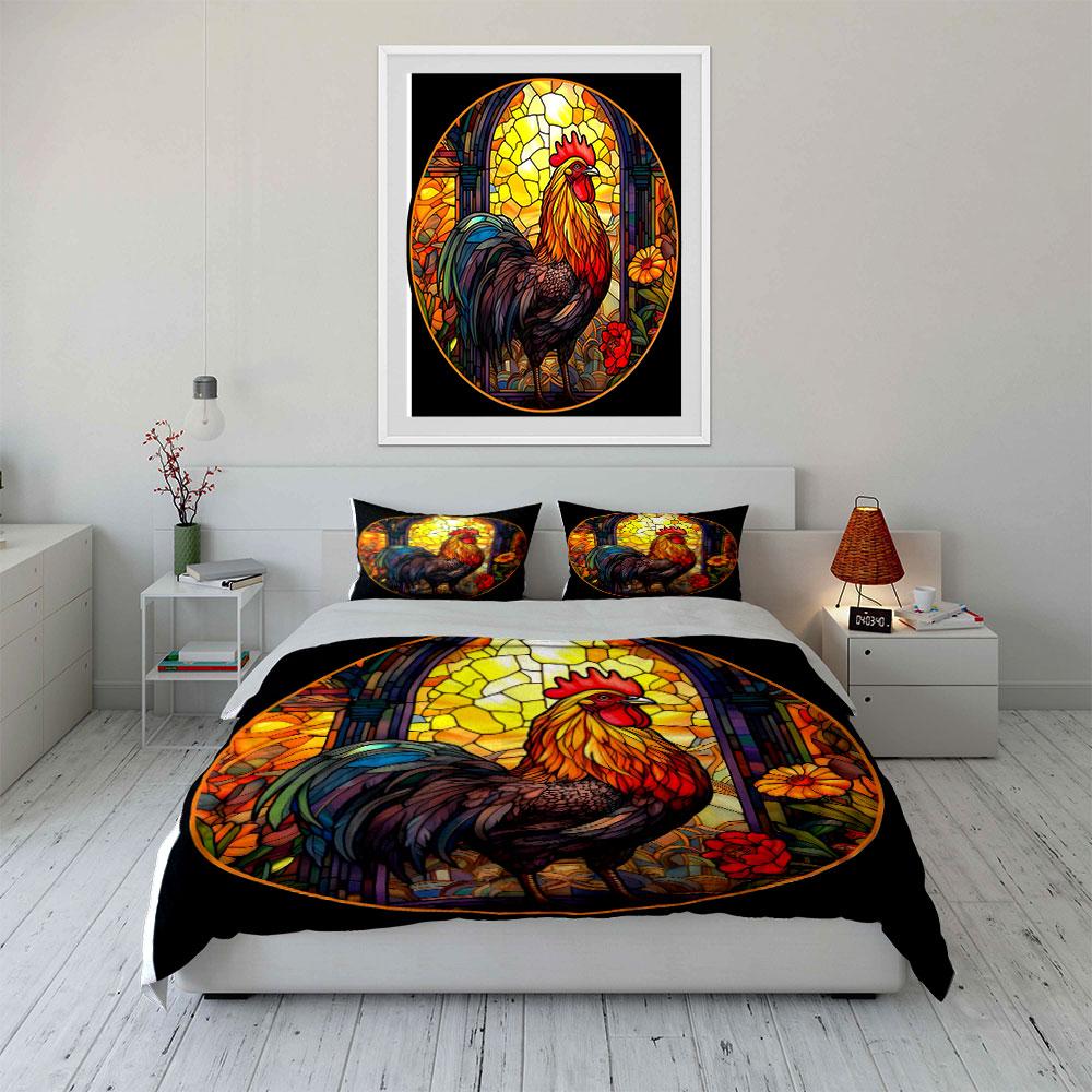 Colorful Rooster Stained Glass Decor Soft Comfortable Duvet Cover Bedding Set Included 1*Duvet Cover & 2*Pillowcases, Gift