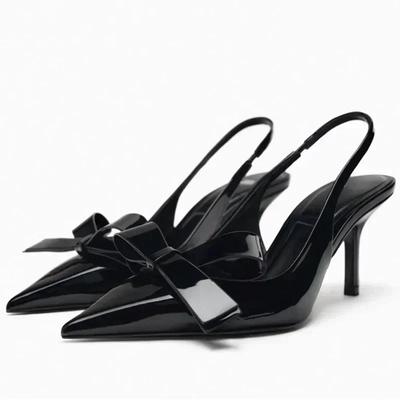 Fashion Black Sexy Pointed Toe Thin High Heels Women Fashion Bow Open Toe Heeled Sandals Banquet Dress Shoe Luxury Designer Women Pumps