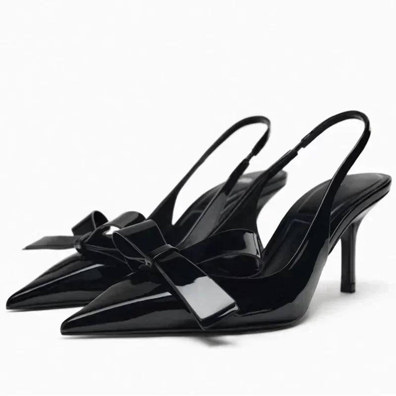 Fashion Black Sexy Pointed Toe Thin High Heels Women Fashion Bow Open Toe Heeled Sandals Banquet Dress Shoe Luxury Designer Women Pumps