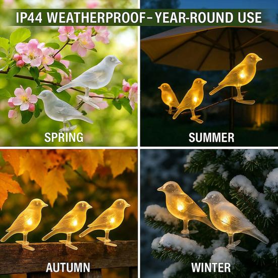 Solar Bird String Lights, Outdoor Waterproof Garden Light, Warm Glow LED Light for Patio Balcony Lawn Decor