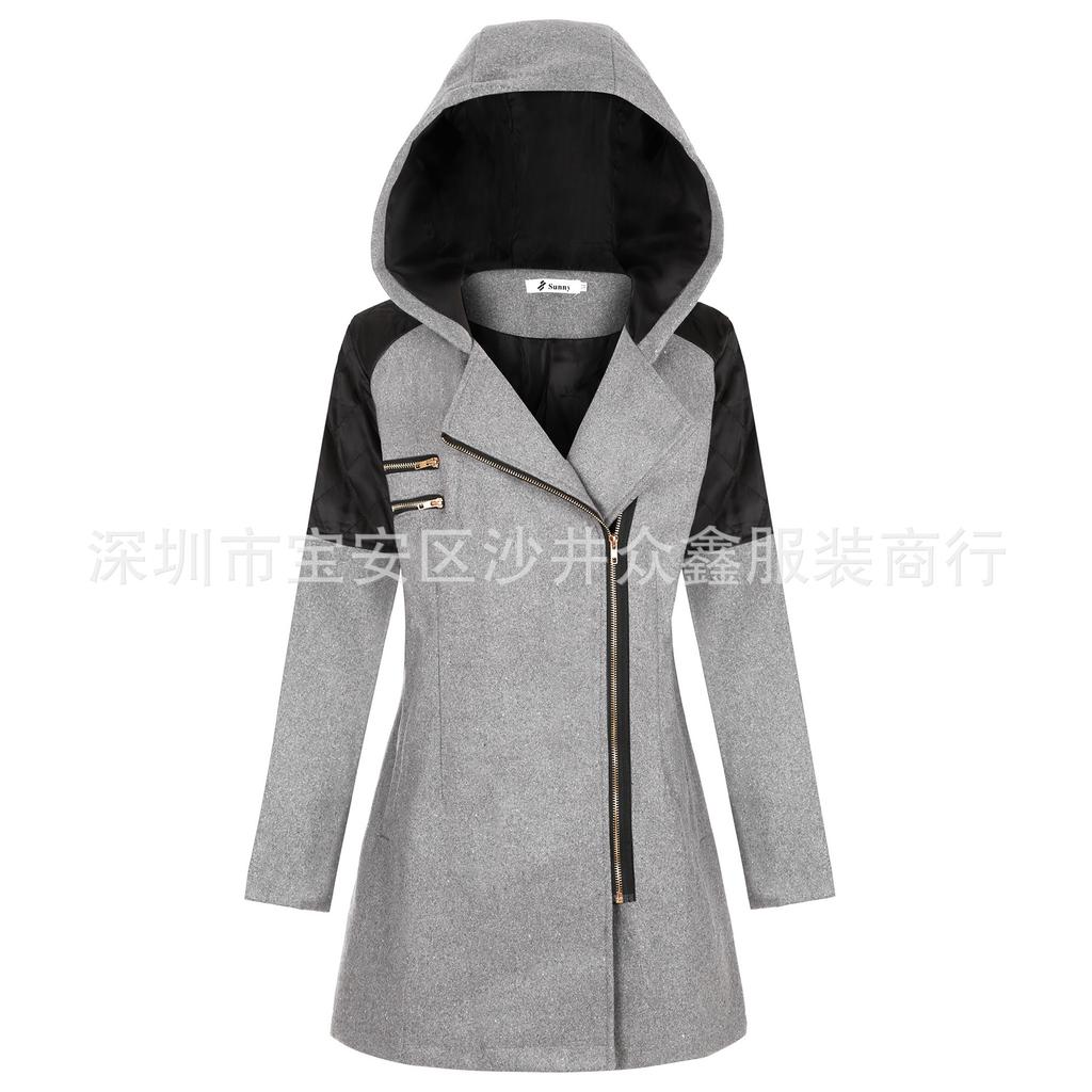 Autumn and Winter New Oblique Zipper Hooded Woolen Trench Coat Medium and Long Thickened Warm Jacket Cotton Clothes Women's Coat